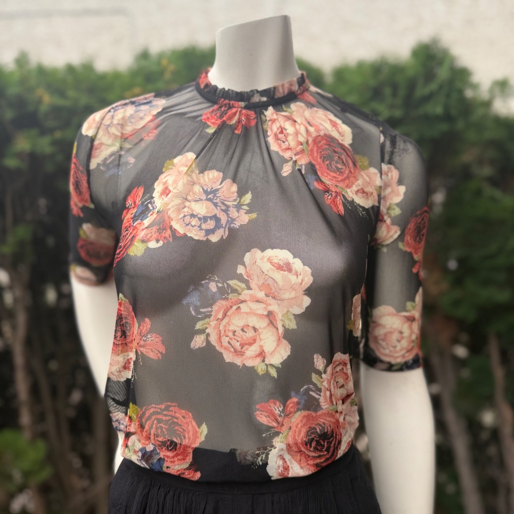 Gap Sheer Floral Mesh Top Ruffle Neck 1/2 Sleeve Romantic Goth Black Burgundy S